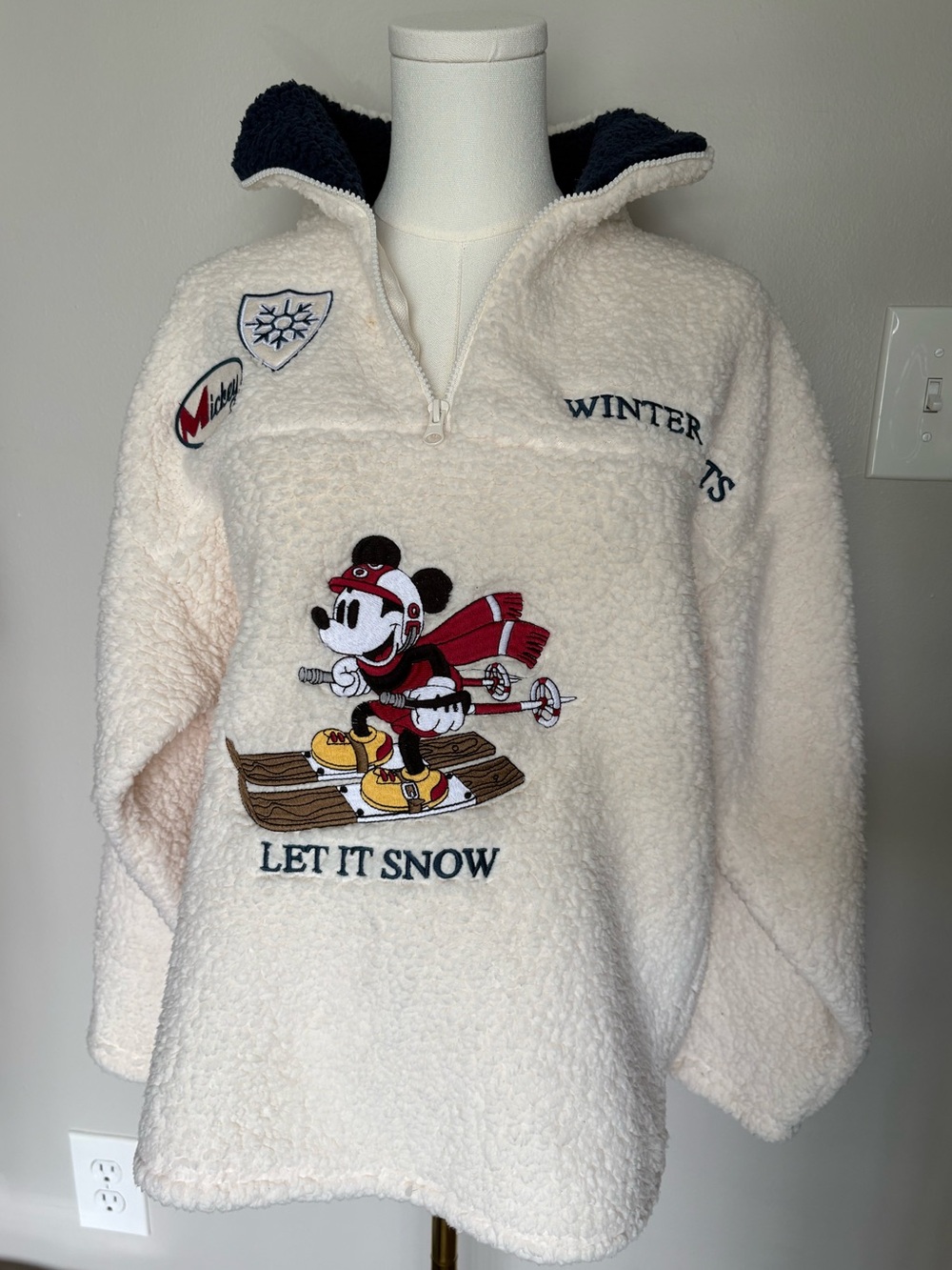 Disney Cream Sherpa Pullover with Skiing Mickey Embroidery